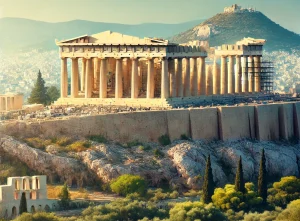 DALL·E 2024-08-19 13.06.19 - A clear daytime scene of the Acropolis in Athens, Greece, with the Parthenon temple prominently displayed on top of the hill. The sky is bright and cl