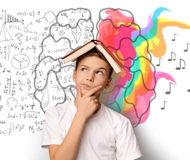 Brainwork,Concept.,School,Boy,Thinking,Holding,Book,On,Head,Standing